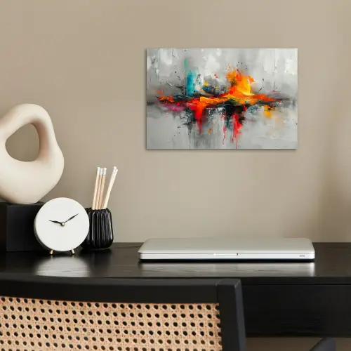 Moderne kunst - Oranje - Grijs - Abstract poster papier klein -sfeer1