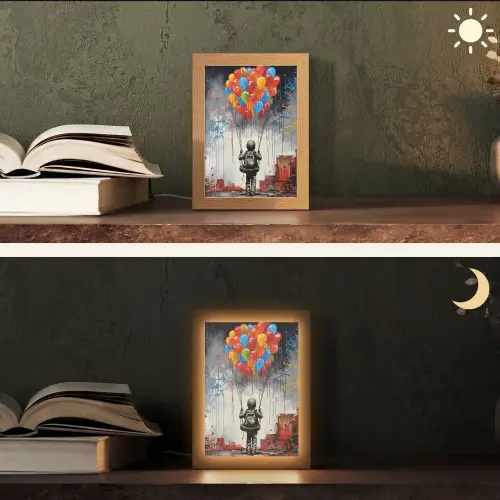 Jongen - Ballonnen - Gebouwen - Kunst Light Box met kabel (Tafellamp) klein -sfeer3
