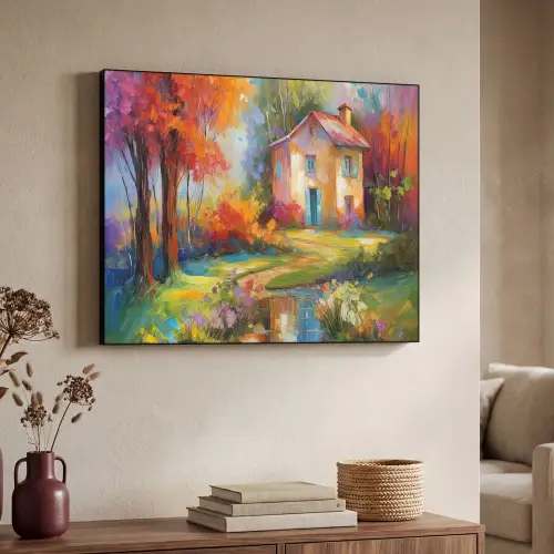 Landschap - Kleurrijk - Olieverf - Kunst Textielframe zwart klein -sfeer3