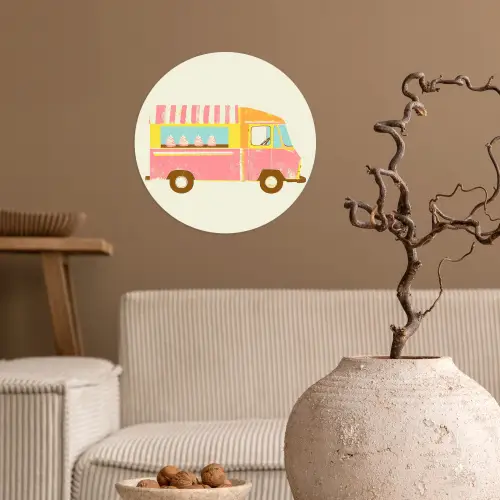 Ijskar - Retro - Softijsjes - Roze Wandcirkel behangsticker klein -sfeer1