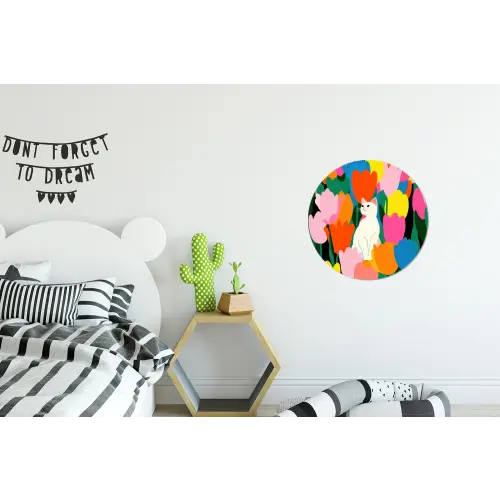 Tulpen - Kat - Kleurrijk Wandcirkel aluminium klein -kinderkamer
