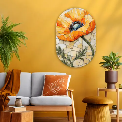 Klaprozen - Oranje - Mozaïek - Bladeren Wandcirkel Ovaal Glas middel -sfeer4