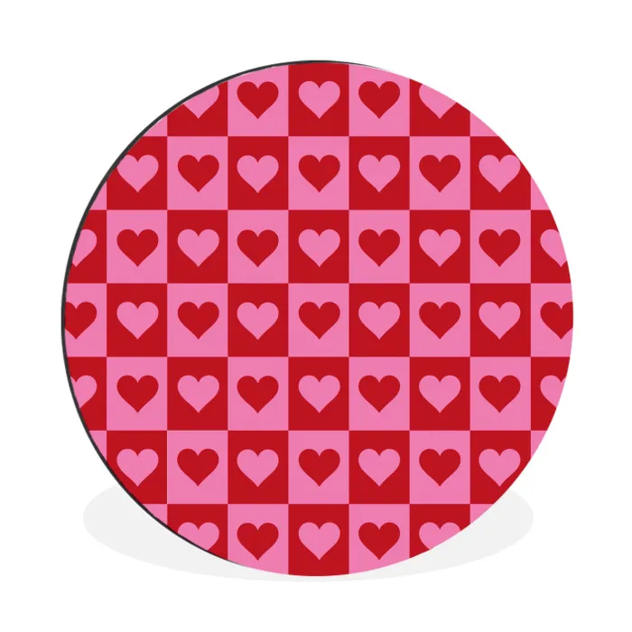 Rood - Roze - Schaakbord - Valentijn Wandcirkel aluminium klein -3d