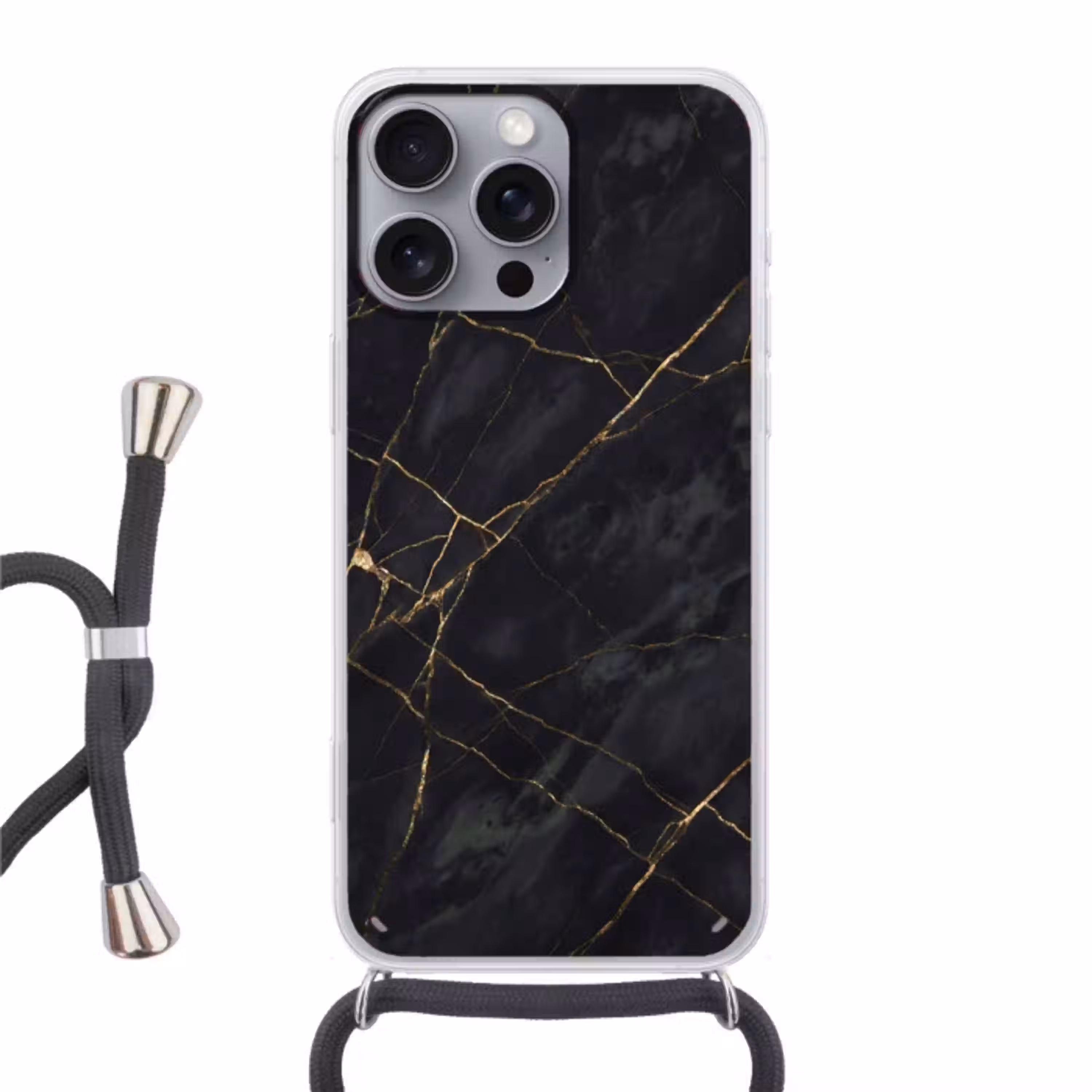 Textuur - Gouden lijnen - Abstract - Modern - Zwart Hoesje iPhone 16 Pro Max met koord klein -3d