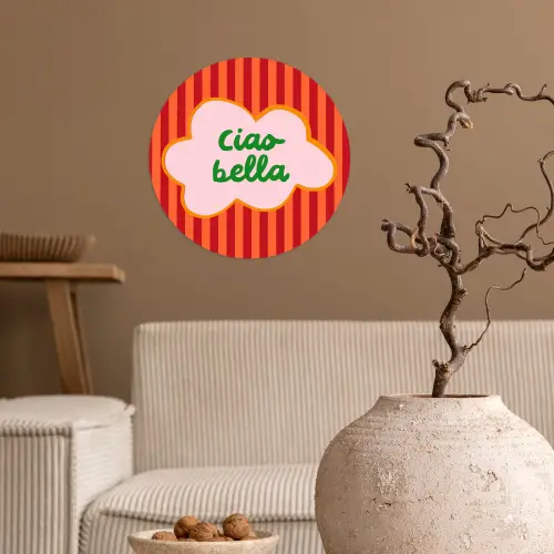 Ciao bella - Tekstwolk - Strepen - Oranje Wandcirkel behangsticker klein -sfeer1