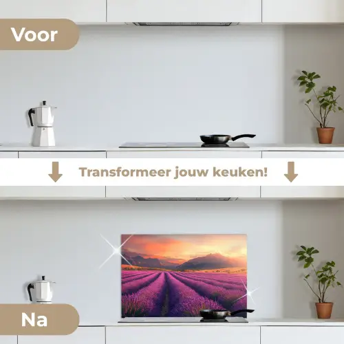 Lavendelveld - Zonsondergang - Paars keuken achterwand spatscherm klein -voor_na_NL