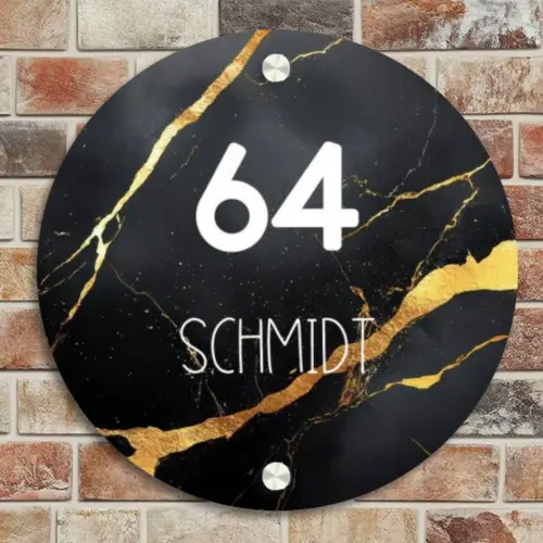 Goud zwart marmer - Modern Naambord Rond klein -sfeer2