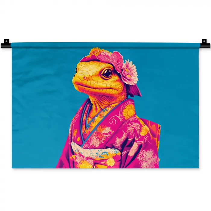 Bloemenkrans - Hagedis - Kimono - Paars Wandkleed katoen klein -zz3d