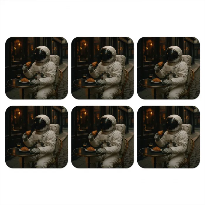 Café - Croissant - Koffie - Astronaut onderzetter kurk middel -3d
