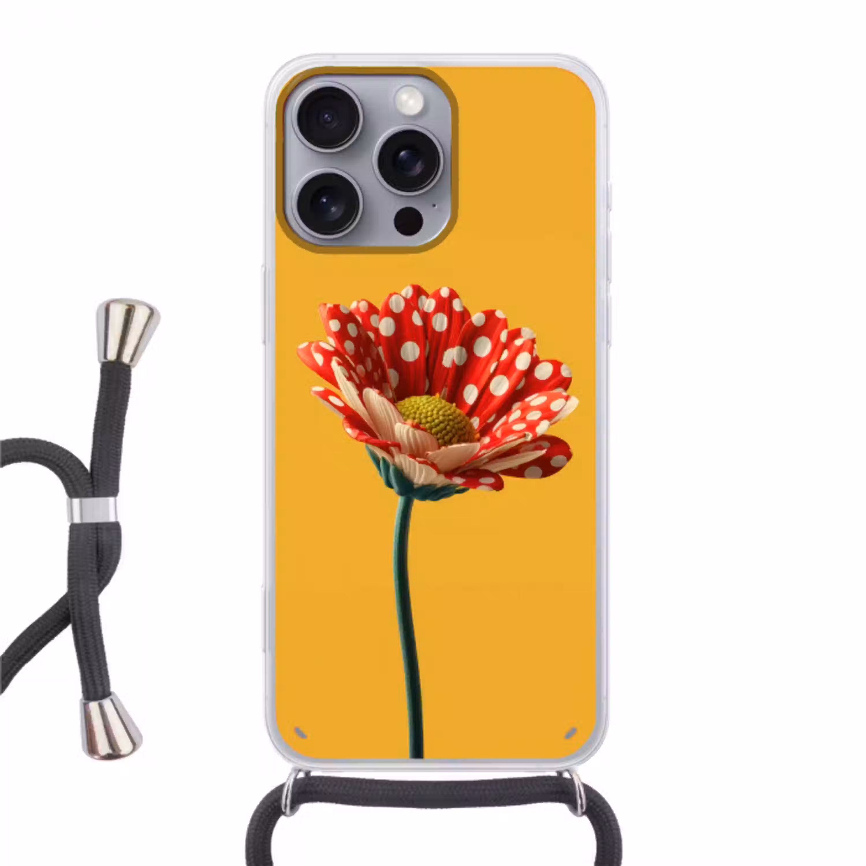 Bloem - Rood - Stippen Hoesje iPhone 16 Pro Max met koord klein -3d
