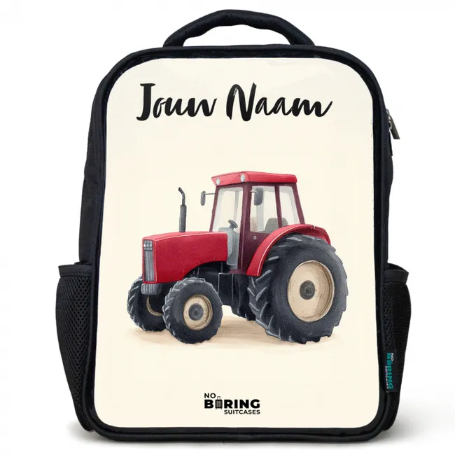 Rugzak kind met naam - Zwart - Tractor - Getekend - Rood