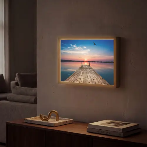 Steiger - Water - Zonsondergang - Roze - Horizon Light Box met batterij (Wandlamp) middel -sfeer1