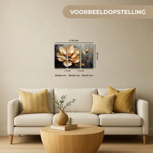 Bloem - Goud - Abstract - Verf Canvas - Meerluiken 3 luik klein -sfeer6-formaat