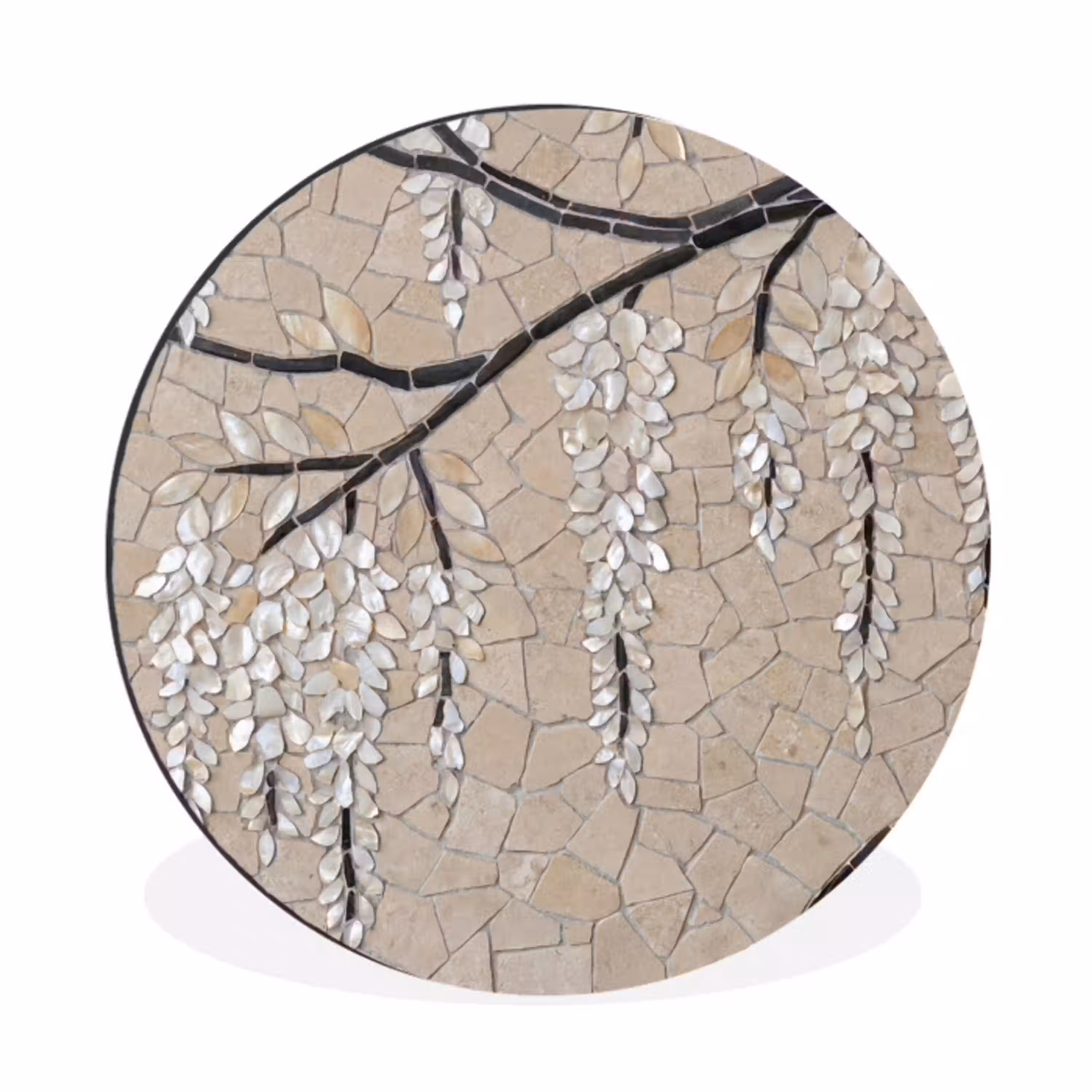 Boom - Bloemen - Mozaïek - Kunst - Wit Wandcirkel aluminium klein -3d