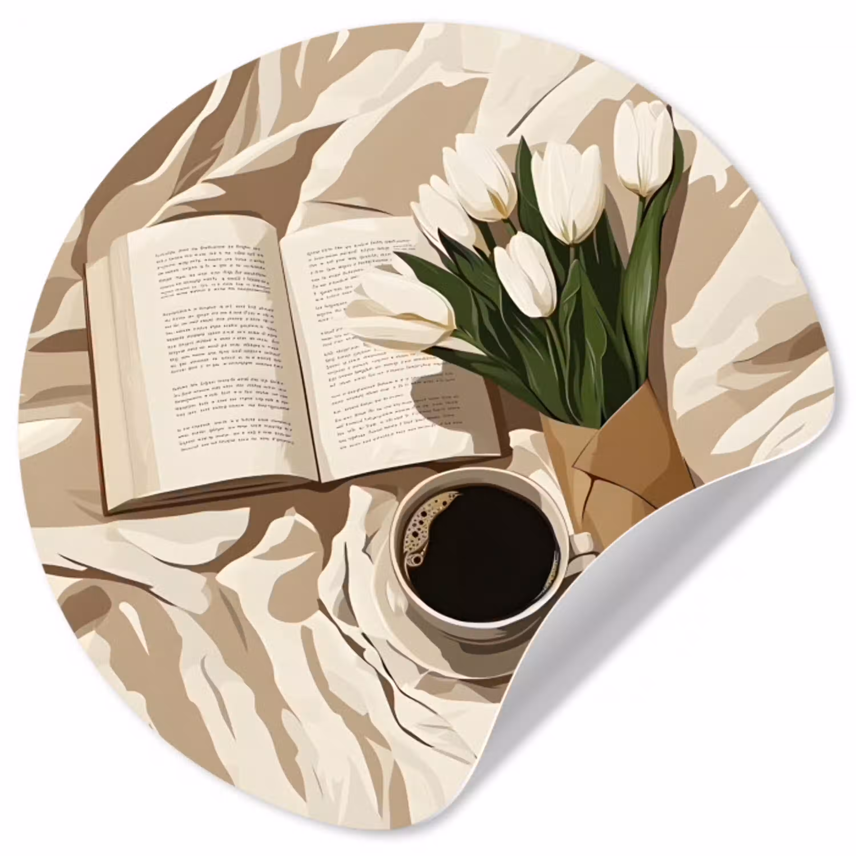 Boek - Illustratie - Tulpen - Koffie Wandcirkel behangsticker klein -3d