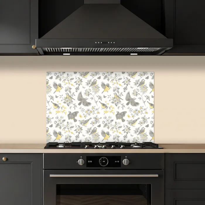 Birds - Flowers - Gray - Yellow keuken achterwand spatscherm klein 900 -sfeer1