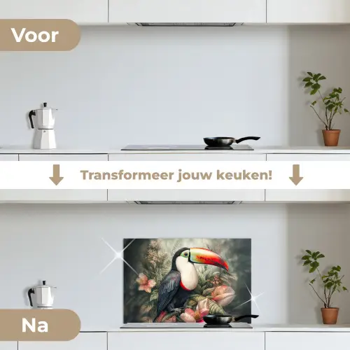 Toekan - Vogels - Bloemen - Planten - Tropisch keuken achterwand spatscherm klein -voor_na_NL