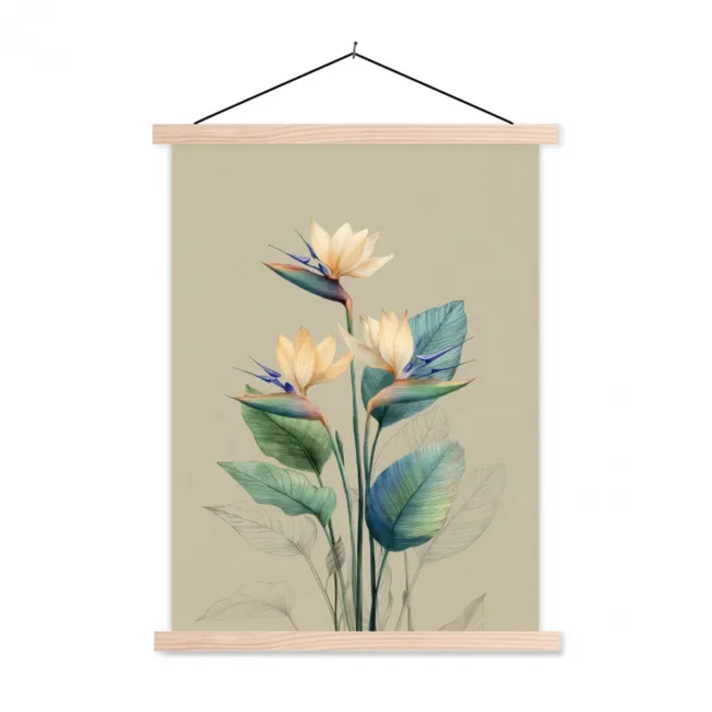 Hanging Poster - Bird of paradise flowers - Blue-green leaves - Beige