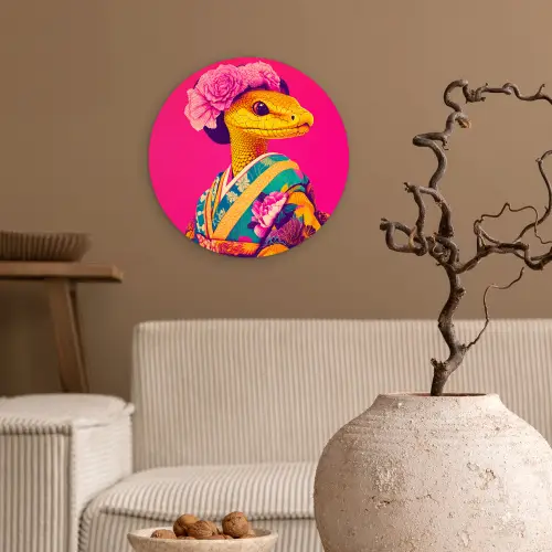 Hagedis - Bloemen - Roze - Kimono Wandcirkel plexiglas klein -sfeer1