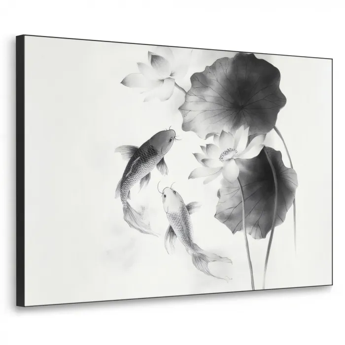 Lotusbloemen - Vissen - Bladeren - Zwart Textielframe zwart klein -3d