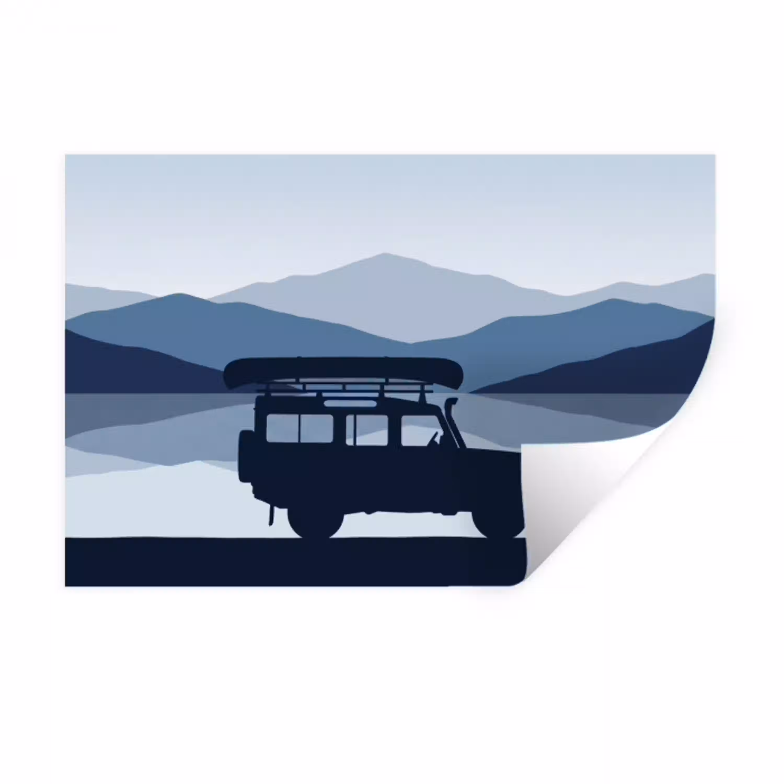 Auto - Meer - Bergen - Blauw Muursticker klein -3d