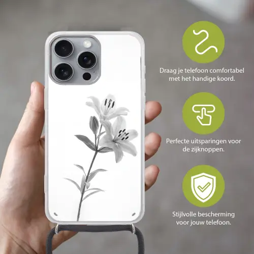 Lelies - Elegant - Zwart - Wit Hoesje iPhone 16 Pro Max met koord klein -sfeer2_NL