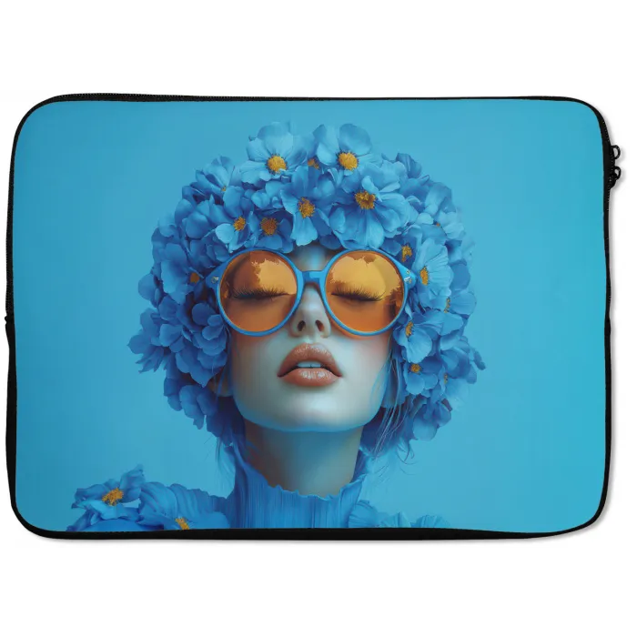 Vrouw - Bloem - Blauw - Modern - Bril - Portret laptophoes neopreen klein -zkaufland3dotto