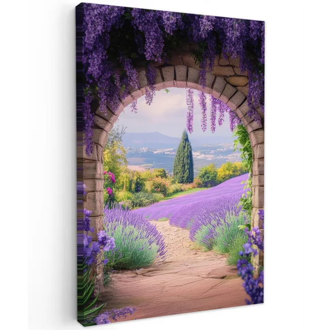 Doorkijk - Lavendel - Bloemen - Paars - Poort Tuinposter op houten frame 2 cm dik klein -3d
