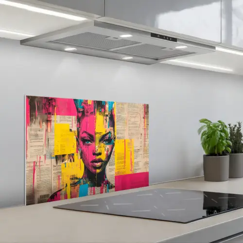 Vrouwengezicht - Krantenpapier - Abstract - Roze keuken achterwand spatscherm klein -3d_schuin