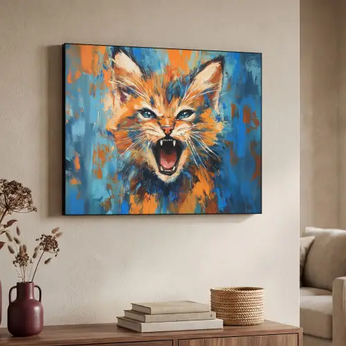 Kat - Kleurrijk - Oranje - Blauw Textielframe zwart klein -sfeer3