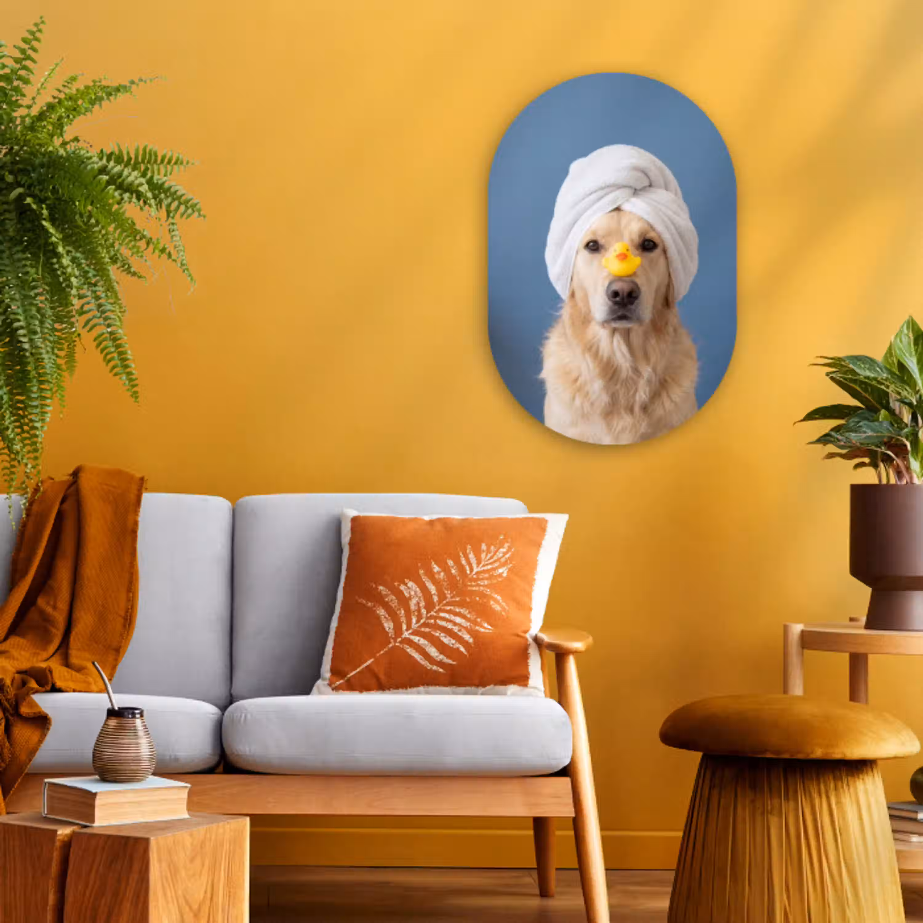 Hond - Badeend - Geel Wandcirkel Ovaal Forex klein -sfeer4