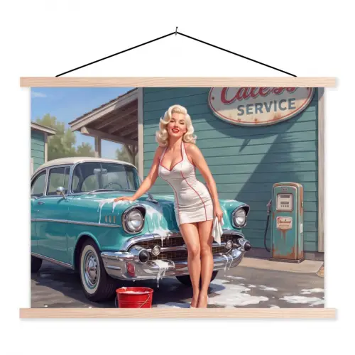 Auto - Vrouw - Groen textielposter latten blank klein -3d