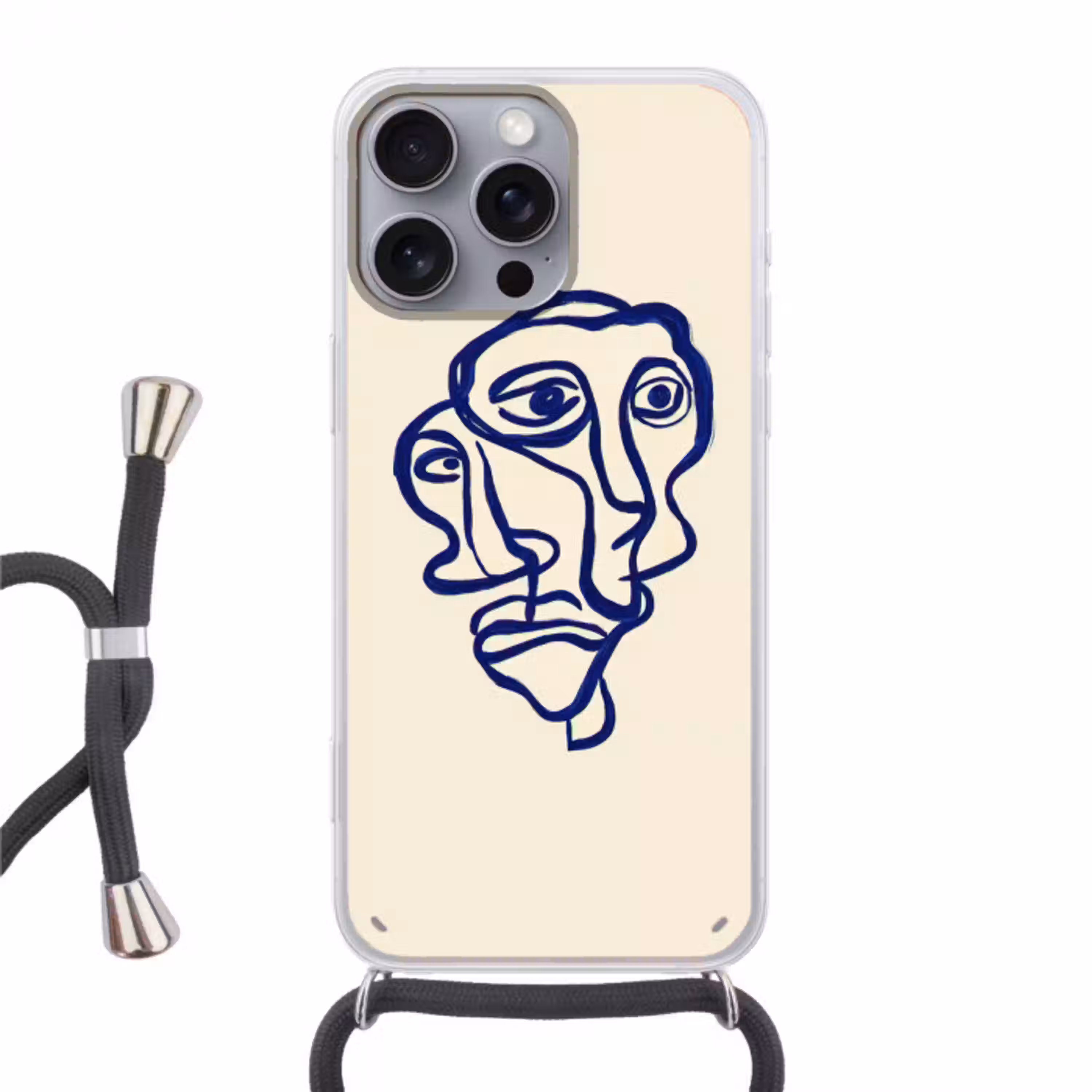Lijntekening - Overlappende gezichten - Donkerblauw Hoesje iPhone 16 Pro Max met koord klein -3d