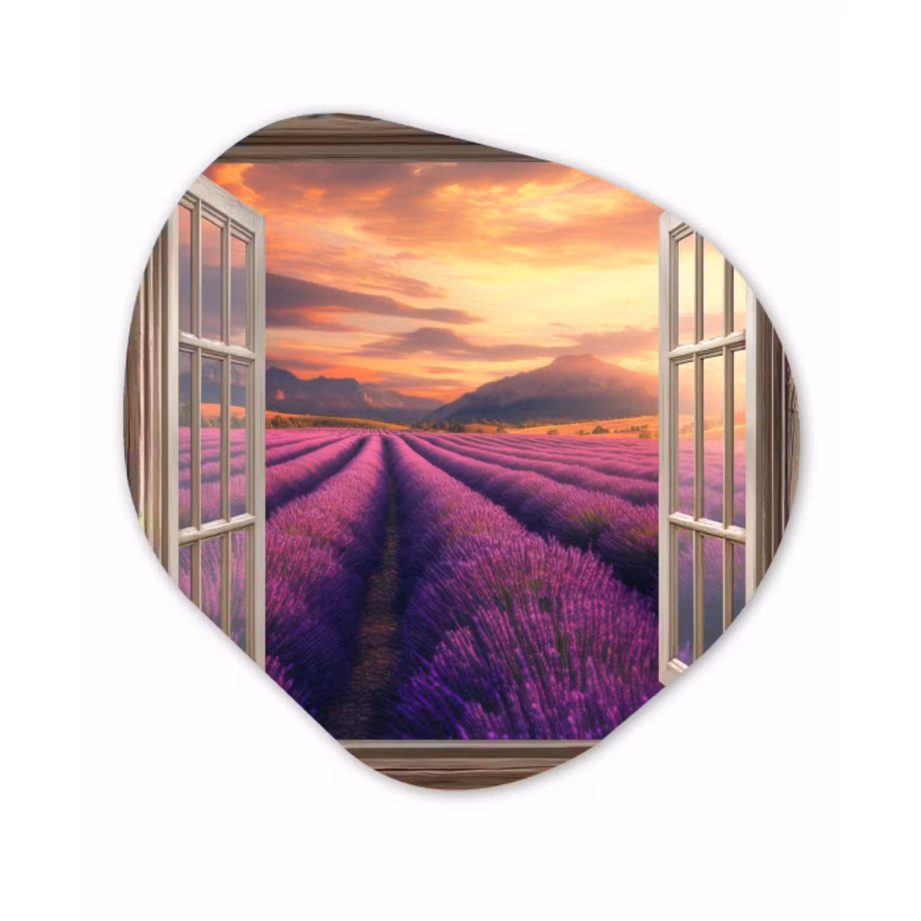 Doorkijk - Lavendel - Landschap - Bloemen - Paars Wandcirkel Organisch Aluminium middel -3d