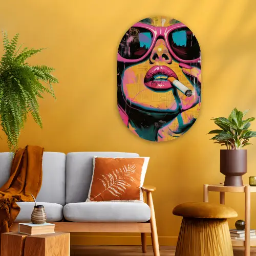 Portret - Vrouw - Abstract - Zonnebril Wandcirkel Ovaal Glas middel -sfeer4