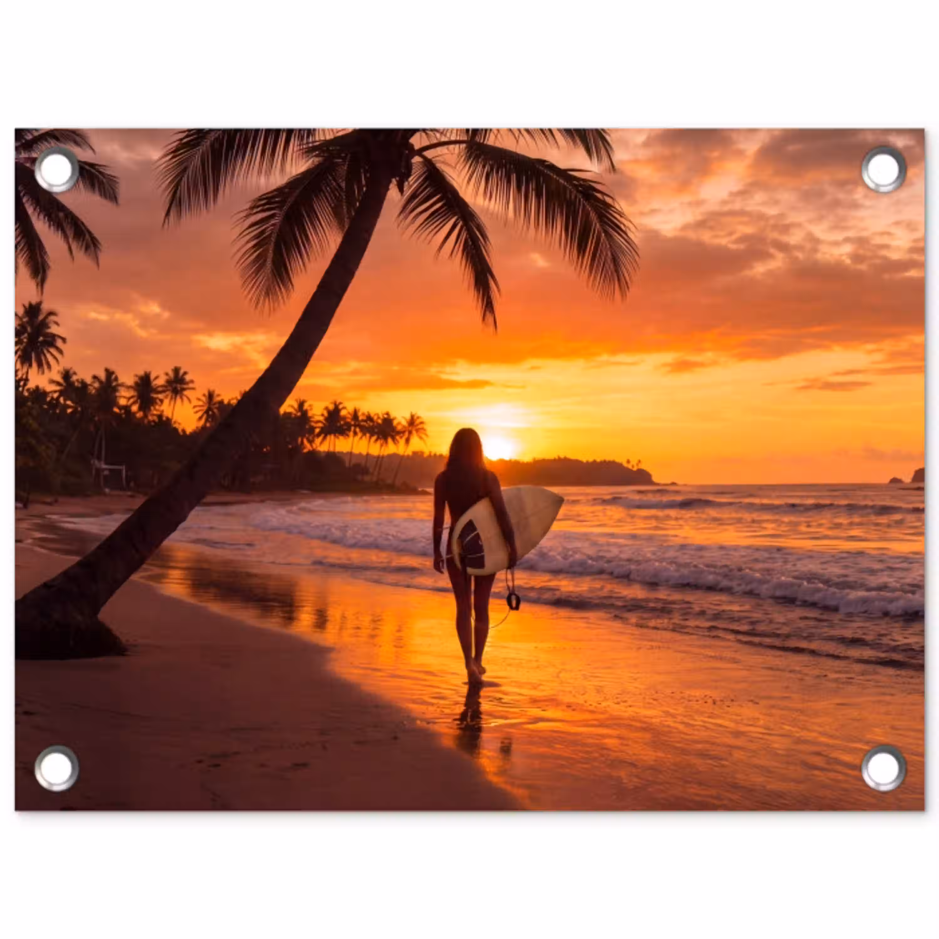 Vrouw - Surfplank - Strand - Zonsondergang - Oranje tuinposter los doek klein -3d