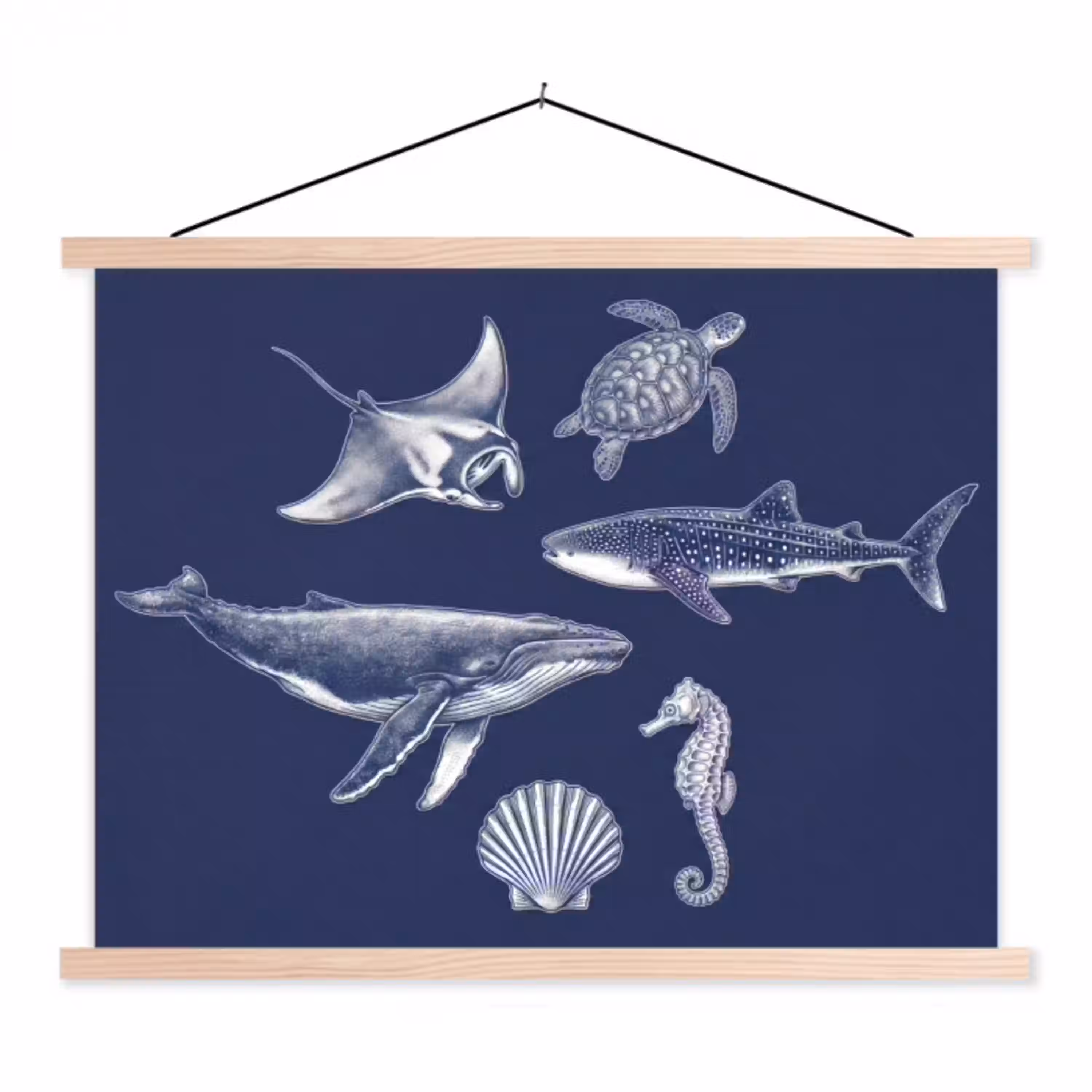 Dieren - Zeeleven - Oceaan - Graveren - Blauw textielposter latten blank klein -3d