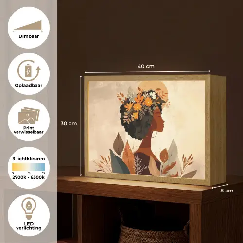 Vrouw - Krullen - Bloemen - Beige Light Box met batterij (Wandlamp) middel -USP_websiteoverzichtNL