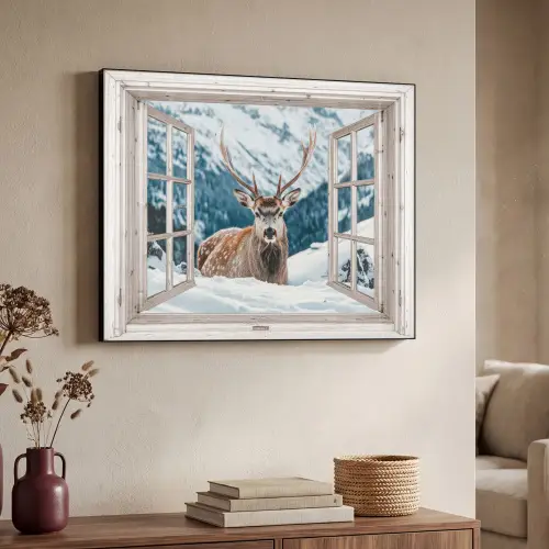 Hert - Winterlandschap - Natuur - Dieren - Doorkijk - Bergen Textielframe - compleet frame klein -sfeer3