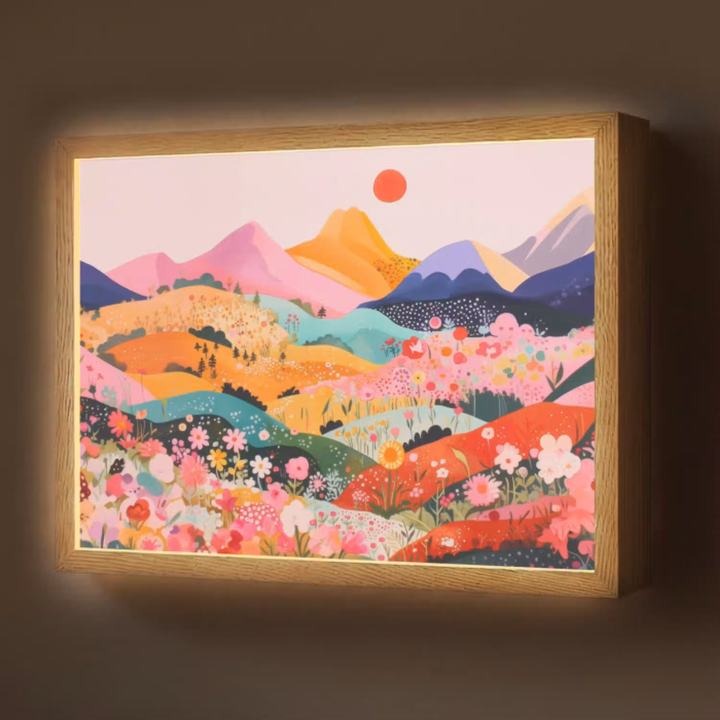 Kleurrijke bloemen - Bergen - Fantasielandschap Light Box met batterij (Wandlamp) middel -z3d_website