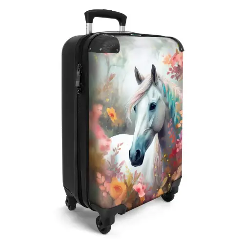 Wit paard omringd door bloemen Koffer - NBS - Handbagage middel -productfoto_3d
