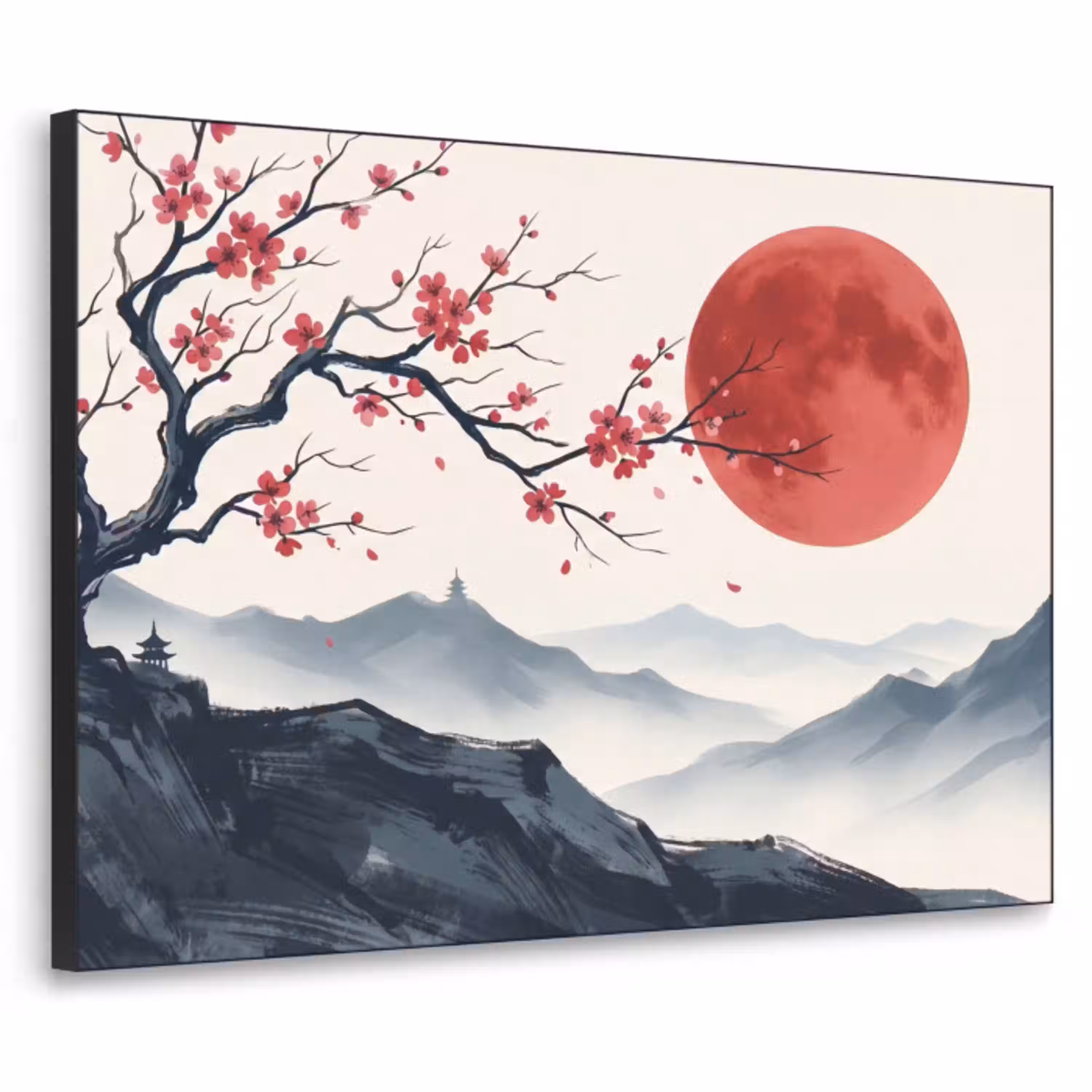 Kersenbloesem - Oosters - Rood Textielframe zwart klein -3d