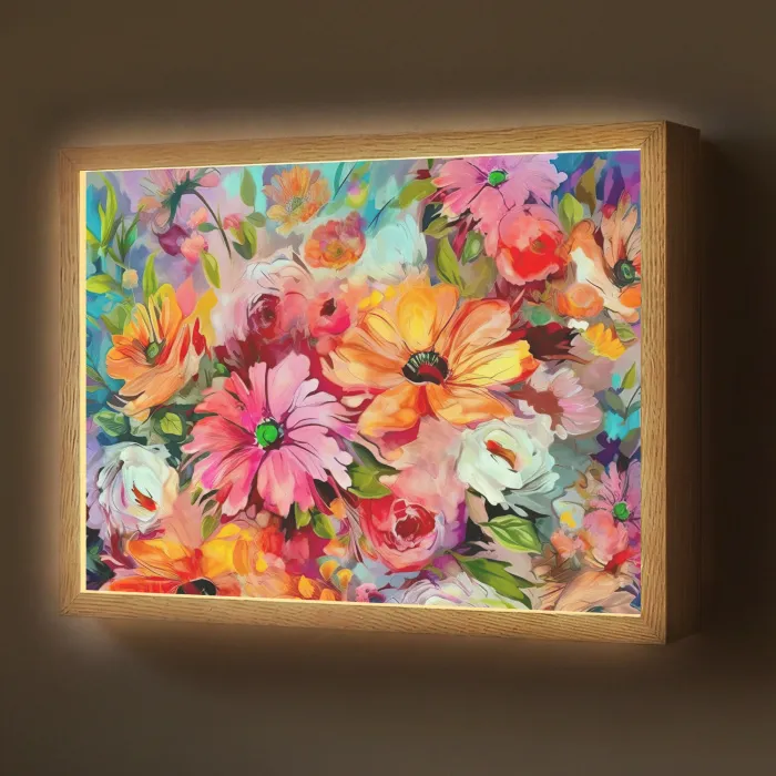 Bloemen - Kleurrijk - Kunst - Olieverf Light Box met batterij (Wandlamp) middel -z3d_website