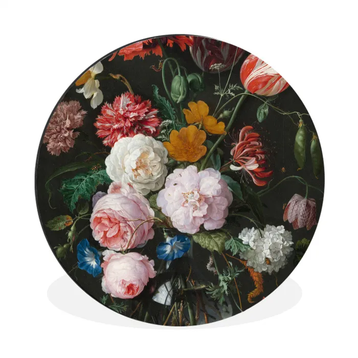 Stilleven met bloemen in een glazen vaas - Schilderij van Jan Davidsz. de Heem Wandcirkel aluminium klein -3d