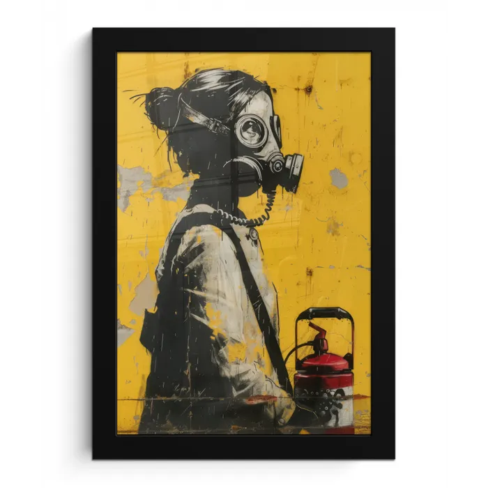 Vintage - Street art - Meisje - Masker - Geel - Banksy fotolijst zwart zonder passe partout klein -3d