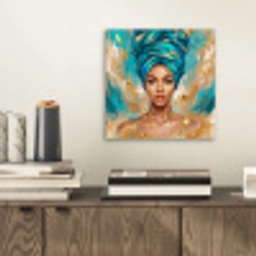 Portret - Vrouw - Schilderij - Blauw - Goud - Expressief aluminium wit klein -sfeer1