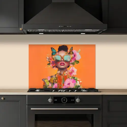 Vlinders - Vrouw - Zonnebril - Kleurrijk keuken achterwand spatscherm klein -sfeer1