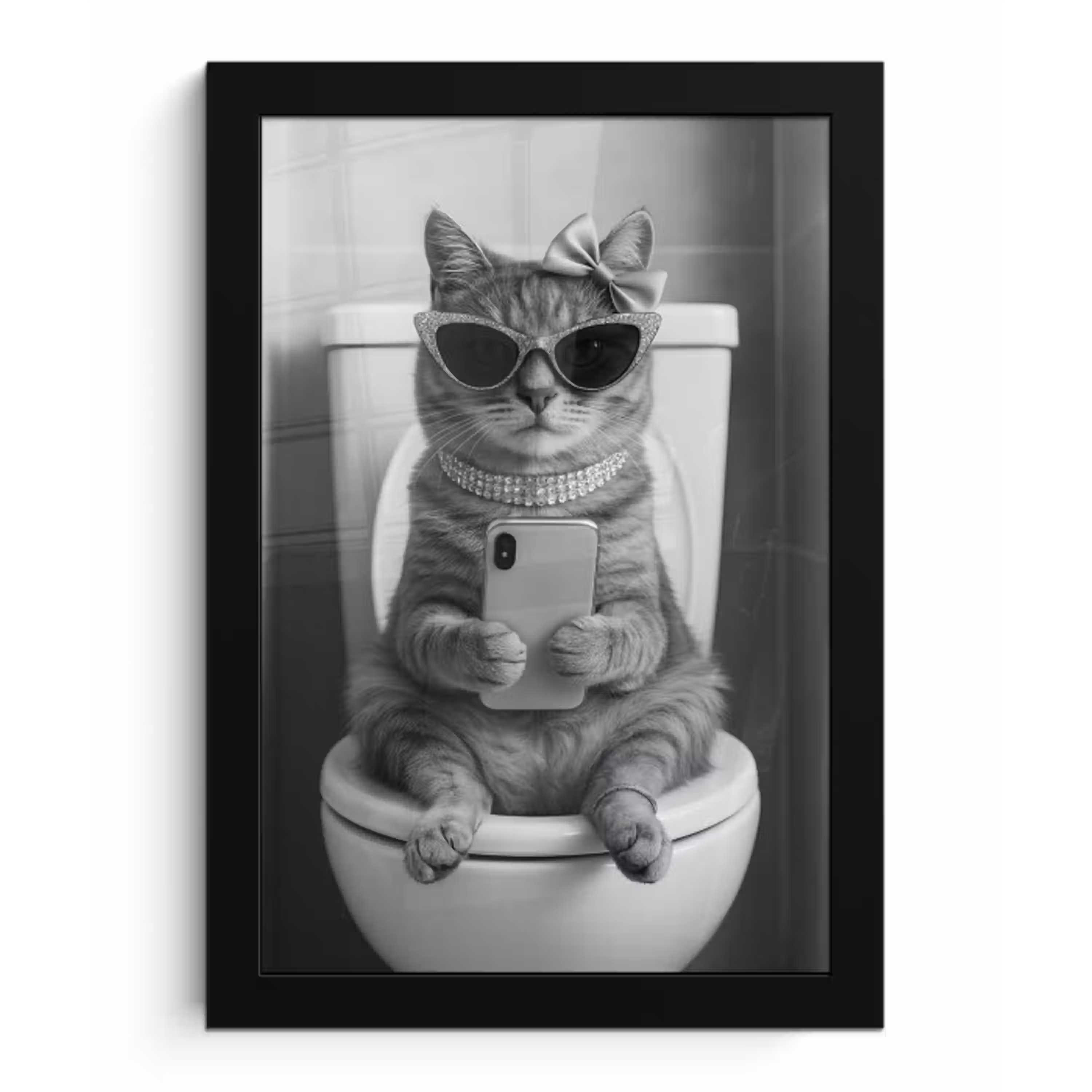 Kat - Telefoon - Toilet - Zwart - Wit fotolijst zwart zonder passe partout klein -3d