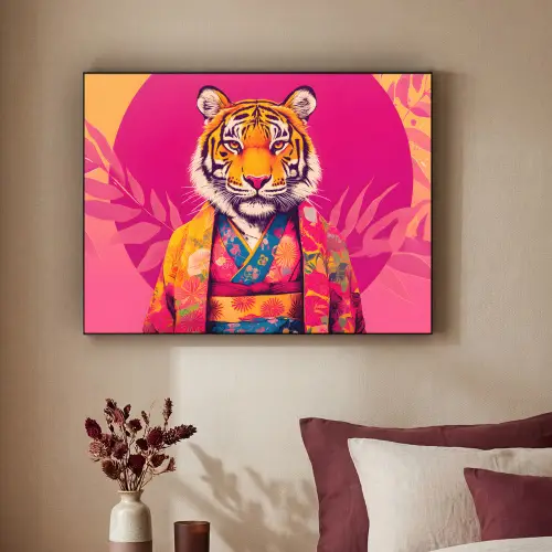 Tijger - Kimono - Planten - Roze Textielframe zwart klein -sfeer1