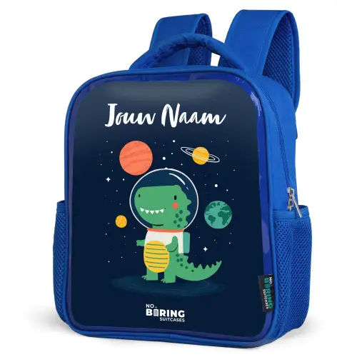 Ruimte - Dino - Planeten - Sterren Kinderrugzak - Blauw middel -schuin
